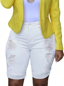 Pantalones cortos vaqueros de ajuste delgado con dobladillo enrollado y efecto desgastado, para primavera/verano