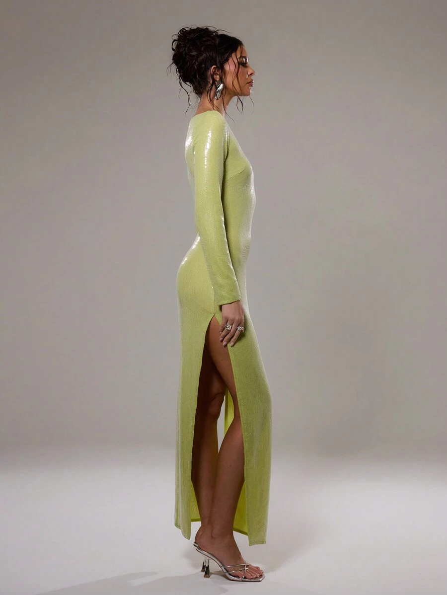 MUSERA Sheer Sequin Long Sleeve Split Side Dress Elegant Spring Summer Vacation Party Festival - Green - View 1