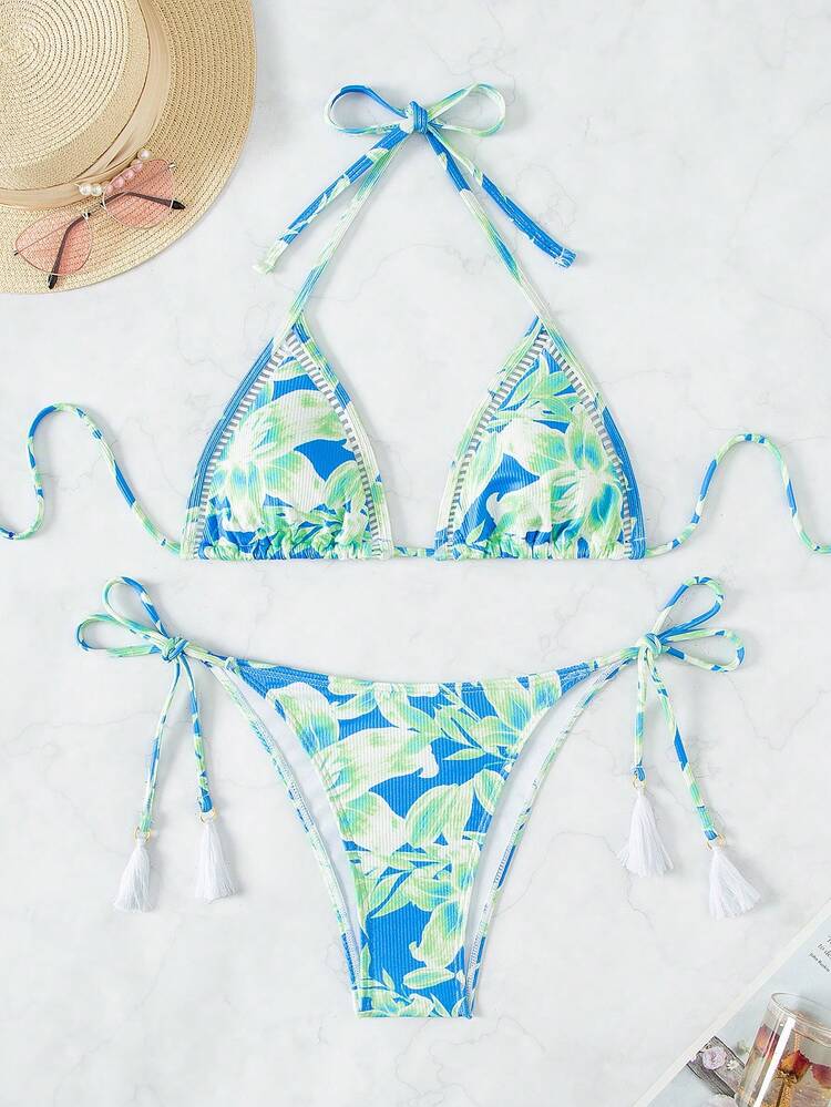 Women Tropical Plant Print Halter Neck Simple Fashion Bikini Set For Beach Vacation Summer