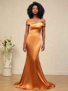 長款美人魚款燒橙色伴娘禮服婚禮派對裙