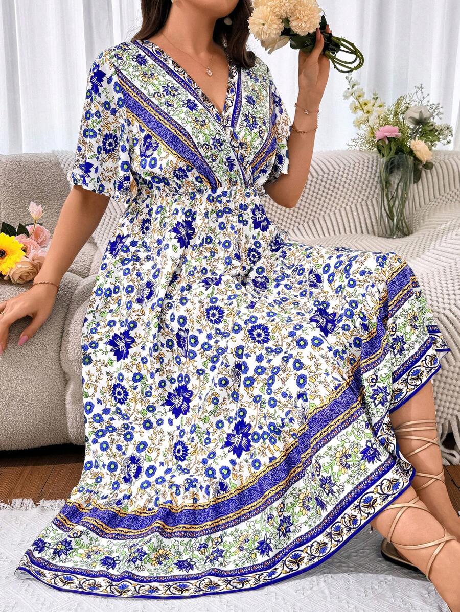 SHEIN Holidaya 夏季大碼度假風格花卉印花交叉領口飄帶袖連衣裙 - 彩色 - 查看 1