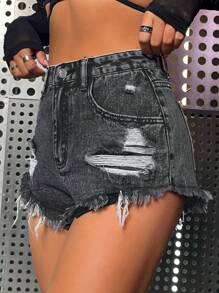SHEIN ICON 女士休閒牛仔短褲，設有口袋、毛邊和破洞細節 - 深灰色 - 查看 1