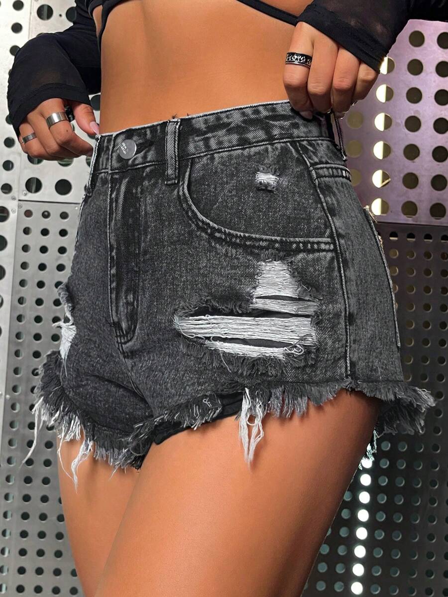 SHEIN ICON 女士休閒牛仔短褲，設有口袋、毛邊和破洞細節 - 深灰色 - 查看 1