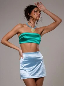 MUSERA Stretch Satin Bandeau Crop Top Summer Ibiza - Mint Green - View 4