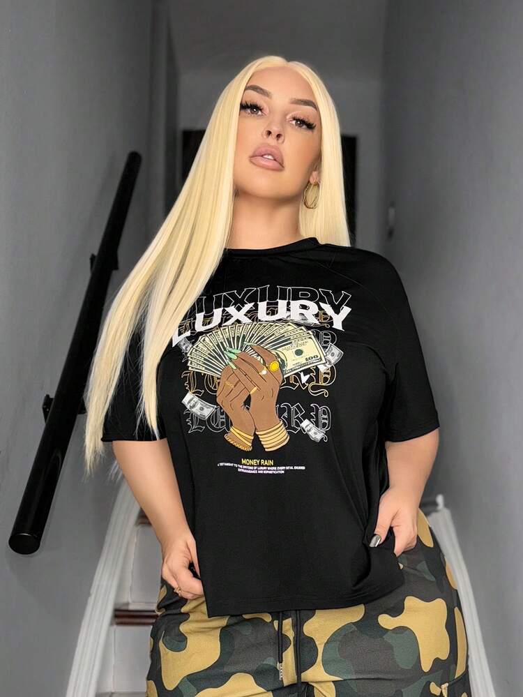 Plus Size Summer Casual Short Sleeve T-Shirt With Slogan Print