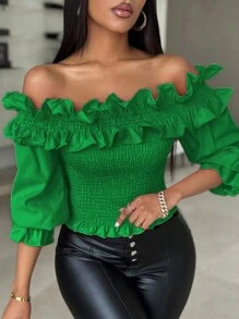 Chiquease Women's Solid Color Ruffle Off Shoulder Fitted Blouse - Green - View 5