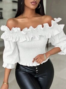 Áo cánh trễ vai ngắn màu trơn viền bèo nhún cho nữ - trắng - Xem 3