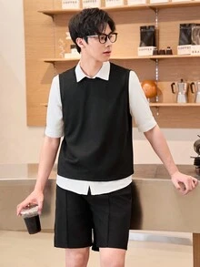 Conjunto casual de 3 piezas para adolescente con estilo urbano coreano que incluye chaleco, pantalón corto y camisa - Negro - Ver 5