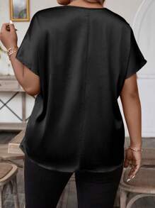 EMERY ROSE 大码假日休闲纯色蝙蝠袖宽松衬衫，夏季 - 黑色 - 查看 2