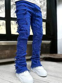 Men's Distressed Faded Slim Fit Jeans - Blue - View 3