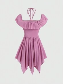 SHEIN Unity 夏季露背無袖褶皺不規則邊緣連衣裙，配蕾絲邊 - 紫色 - 查看 2