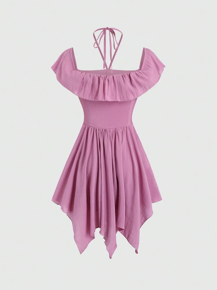 Summer Halter Solid Color Pleated Asymmetrical Hem Dress With Lace Border