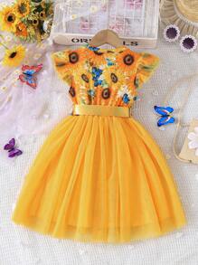 SHEIN Glamorique Kids 年轻女孩度假优雅花卉系腰荷叶边袖连衣裙，适合派对，夏季 - 黃色 - 查看 2