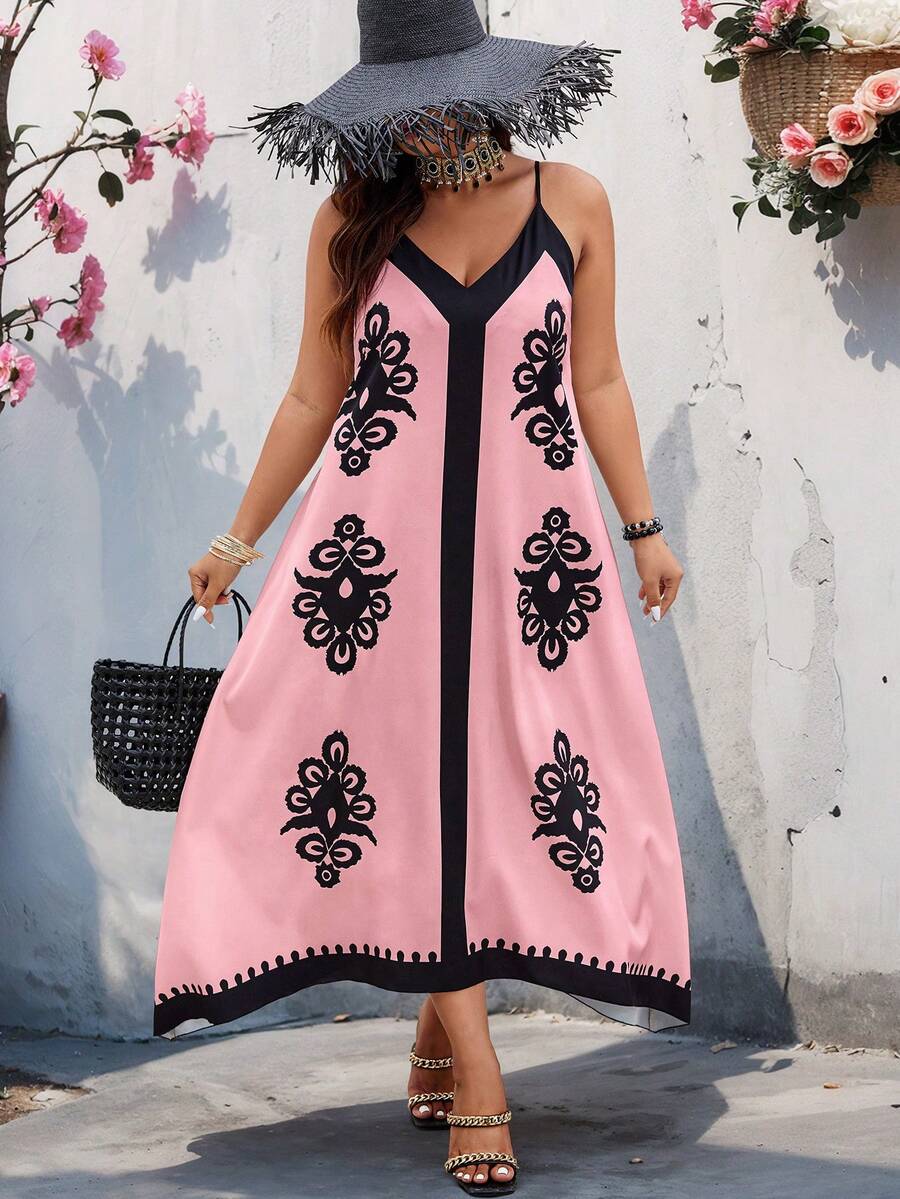 SHEIN Holidaya Vestido estilo tirantes random impreso en talla grande para vacaciones - Rosa - Ver 1