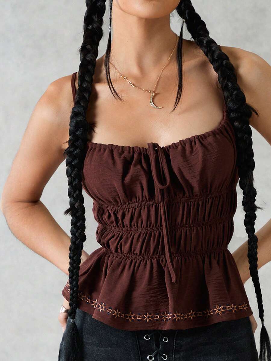 Forever 21 女士棕色復古波西米亞嬉皮感覺節日刺繡吊帶背心 - 棕色 - 查看 1