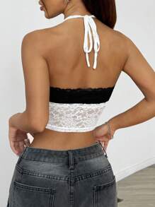 SHEIN EZwear Spring/Summer See-Through Black And White Splicing Lace Halterneck Tank Top