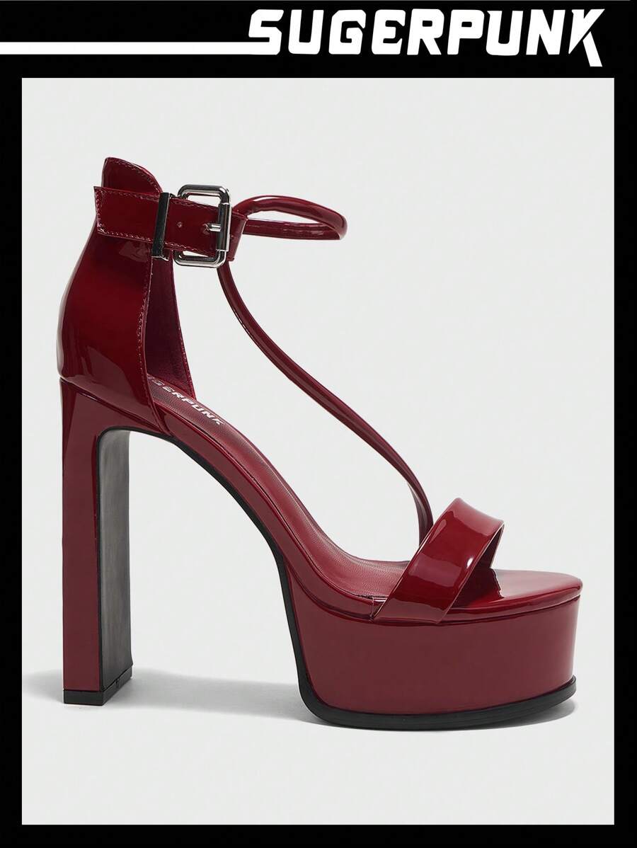 Sugerpunk 女士酒红色 3d 镜面 PU 圆头高跟厚底防水厚底时尚街头高跟凉鞋派对度假鞋夏季促销 Y2k 朋克潮流酷街头运动 - 玫紅色 - 查看 1