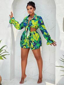 BIUBIU 大码女式性感印花落肩灯笼袖纽扣系带衬衫短裤套装（随机印花），夏季短裤套装 - 綠色 - 查看 3