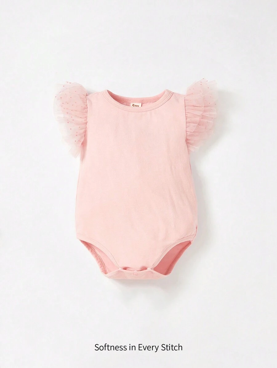 Cozy Pixies Baby Girl Contrast Mesh Ruffle Trim Bodysuit - Baby Pink - View 1