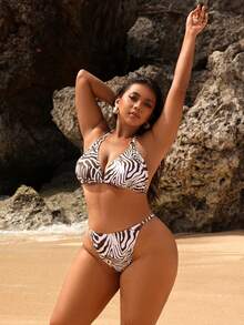 SHEIN Swim Curve Bãi biển mùa hè Plus Size Zebra Print Backless Thắt nút Halter Bikini Set - Nhiều màu - Xem 5