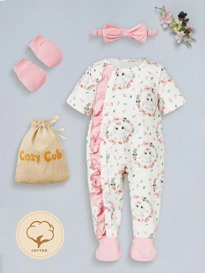 SHEIN Newborn Baby Floral & Rabbit Print Ruffle Trim Footed PJ Set With Handband & Gloves & Storage Bag