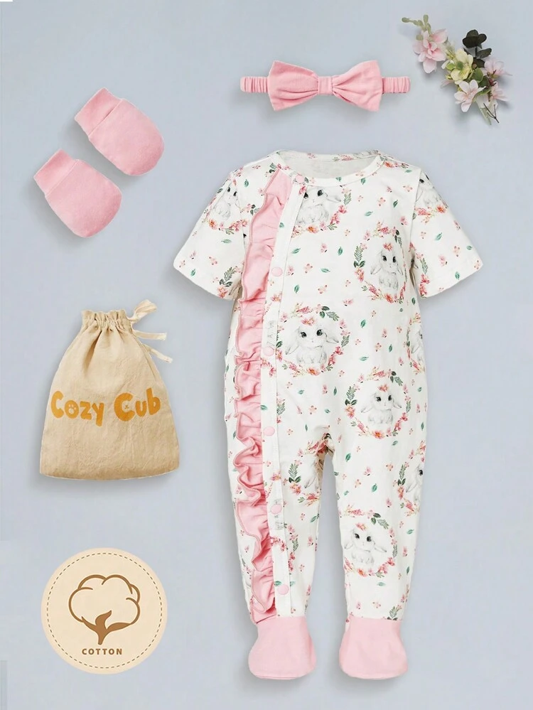 Newborn Baby Floral & Rabbit Print Ruffle Trim Footed PJ Set With Handband & Gloves & Storage Bag
