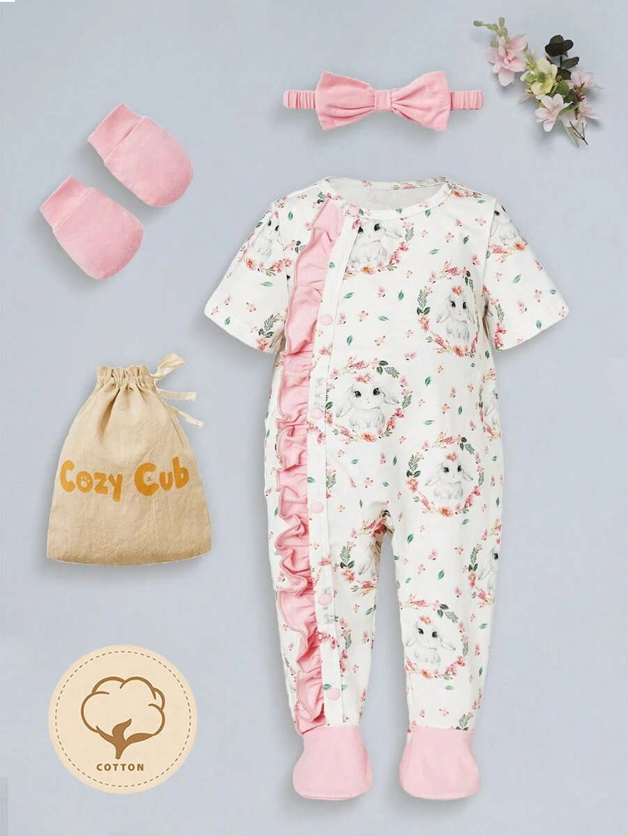 SHEIN Newborn Baby Floral & Rabbit Print Ruffle Trim Footed PJ Set With Handband & Gloves & Storage Bag - Multicolor - View 1
