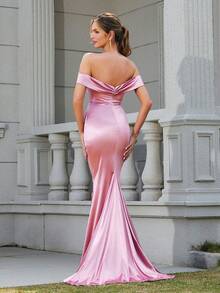 LOVE&LEMONADE Off Shoulder Solid Color Elegant Banquet Matching Trailing Evening Gown - Pink - View 2