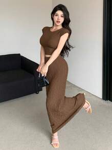 DAZY Conjunto de top corto y falda de verano elegante con textura de moda para mujer, conjunto de dos piezas para mujer