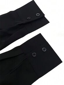 Women's Fashion Casual Sexy Street Cute Solid Color Button Front Short Back Long Split Hem Versatile Long Sleeve Shirt Black Spring - Black - View 3