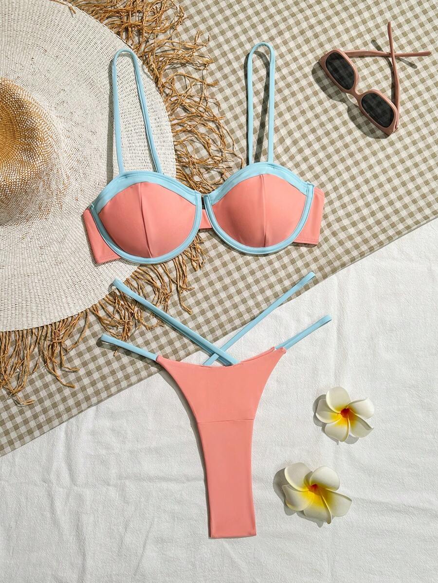SHEIN Swim 女式拼色比基尼套装,细肩带,镶边,夏季海滩度假风 - 珊瑚橙 - 查看 1