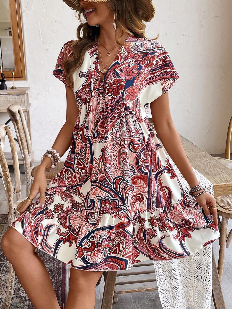 SHEIN Frenchy Váy nghỉ lễ in hình cây kiểu búp bê thời trang dành cho nữ - Đỏ - Xem 1