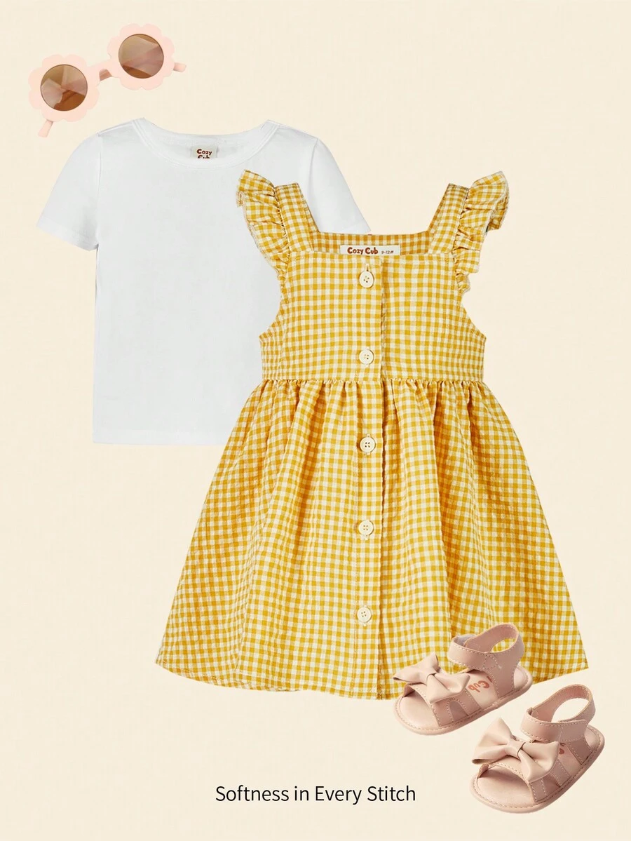 Cozy Pixies 嬰兒素色T恤和格子圖案荷葉邊前紐扣洋裝不附帶眼鏡和鞋 - 彩色 - 查看 1