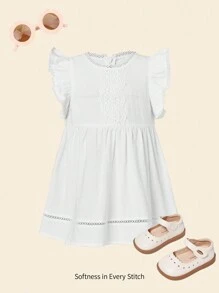 Bebé Vestido smock con encaje en contraste ribete con fruncido - Blanco - Ver 1