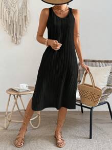 Breezaya Women Summer Backless Lace Splicing Slit V-Neck Sleeveless Tank Dress - Black - View 6