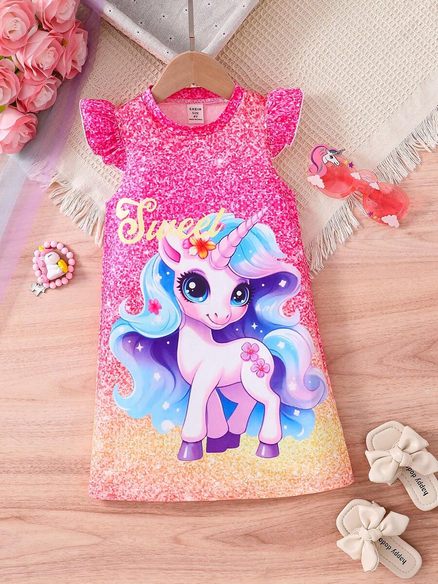 SHEIN Young Girl Summer Casual Cartoon Unicorn Print Ombre Cap Sleeve Dress - Multicolor - View 1