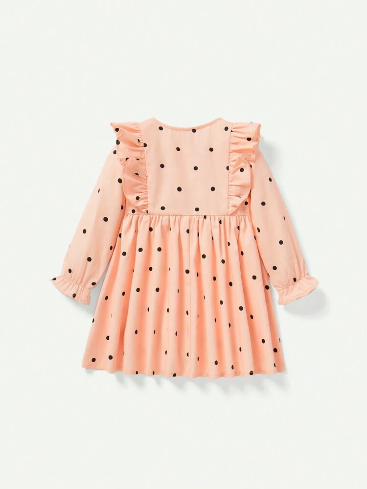 Baby Girls' Polka Dot Pattern Long Sleeve Dress With Flounce Hem, Elastic Waistband