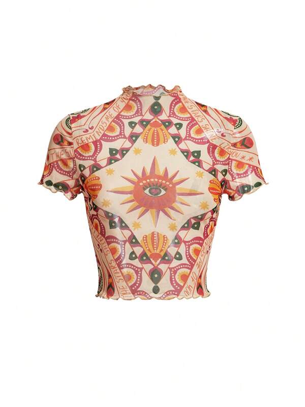 The Sun Künstlerischer Urlaubs-Lässig Schlank Sitzende Mesh Bedruckte Frauen Top, für Sommer, Urlaub, Ausgehen, Festival, Ibiza Passend, Westernmode