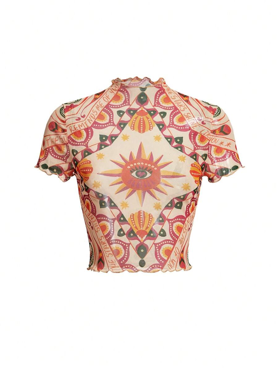 The Sun Artist Vacation Casual Short-Sleeved Slim Fit Mesh Printed Women Top, For Summer, Holiday, Going Out, Festival, Ibiza Fits, Western Wear