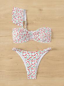 女性假日櫻桃印花圓環連接單肩飄帶簡約時尚比基尼套裝，隨機印花 - 彩色 - 查看 5