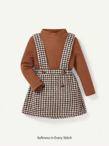 Cozy Pixies Baby Girl Mock Neck Tee & Houndstooth Print Suspender Skirt - Brown - View 1