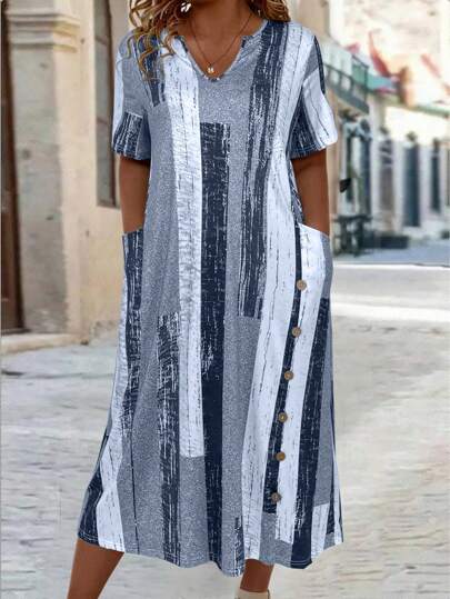 EMERY ROSE Women Plus Size Colorblock V-Neckline Dress With Notched Neckline, Summer Outfit