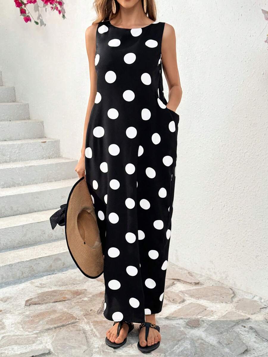 SHEIN Essnce Women's Summer Sleeveless Dot Print Dress Long O Neck Maxi With Big Pockets Casual Dress