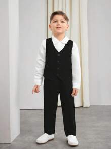 SHEIN Conjunto de 2 peças de cavalheiro jovem, colete elegante estilo empresarial + calças, terno formal para festa de aniversário, casamento, formatura, convidado de casamento, pajem, menino de alianças