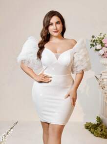 SHEIN Belle Plus Size Sparkling Fabric Short Elegant Cocktail Dress With Oversized 3D Flower Design - White - View 1