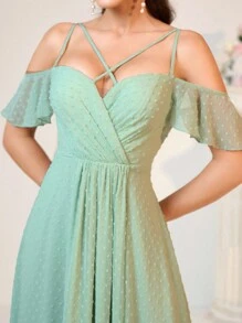 SHEIN Belle Elegant Sage Green Spring Wedding Bridesmaid Dress,Jacquard Sweetheart Neckline Ruffle Sleeves High Side Slit Double Shoulder Straps Music Festival - Green - View 6