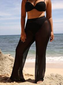 Swim Vcay Summer Beach Plus Size Women Beach Vacation Sheer Mesh Loose Cover Up Pants - Black - View 2