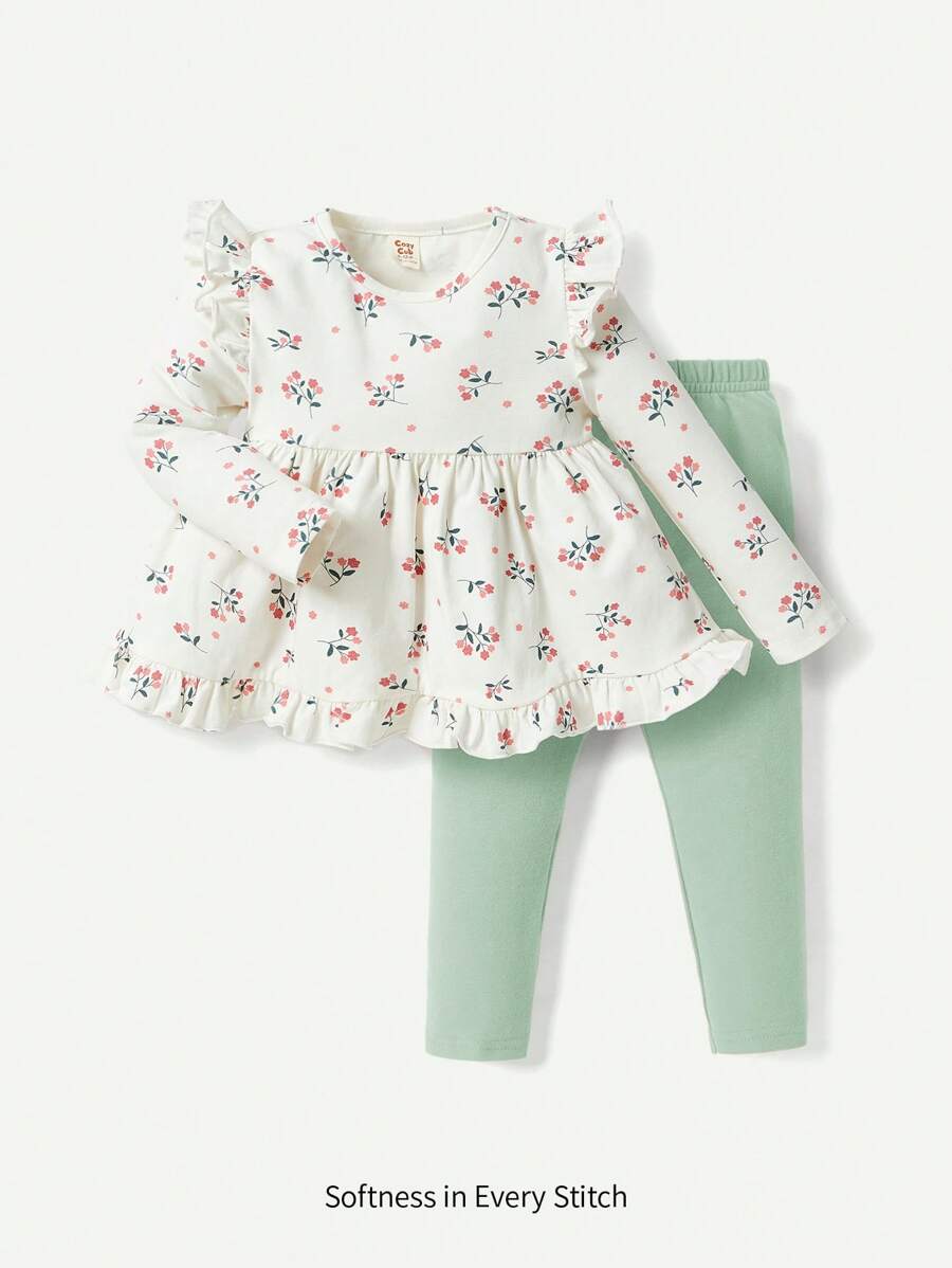 Cozy Pixies Áo dài tay cổ tròn họa tiết hoa cho bé gái có viền xếp nếp và quần màu trơn, 2 cái/bộ - màu xanh lá - Xem 1