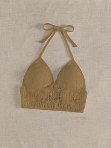 SHEIN Swim Áo khoác len dệt kim Pointelle cho kỳ nghỉ hè chắc chắn dành cho nữ - Màu Khaki - Xem 3