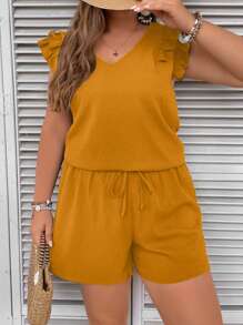 SHEIN LUNE Conjunto de 2 piezas de mujer talla grande con blusa de unicolor de manga corta con cuello en V y lazada en la cintura, y shorts - Amarillo - Ver 4